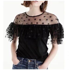 J.CREW Women's Size Large Blouse Tee Starry Tulle Black Sheer Ruffles Stars
